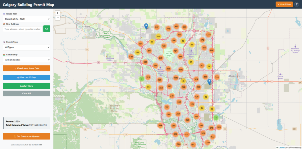 Interactive Calgary building permit map showing construction activity and development projects across the city